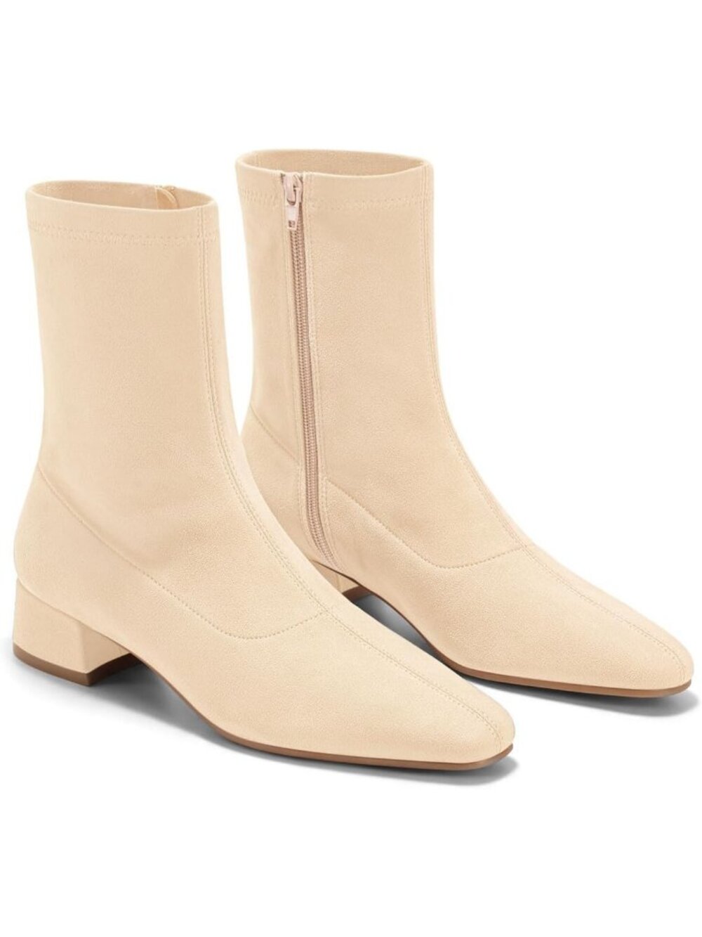 Women's Beige Comfortable Chunky Low Heel Square Toe Zip Up Casual Ankle Boots